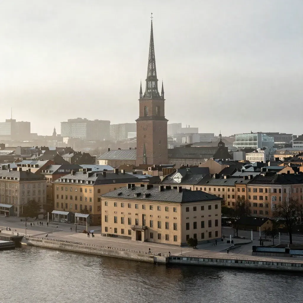 Stockholms skyline i morgondimma över stilla vatten, Stadshuset högt i bild.