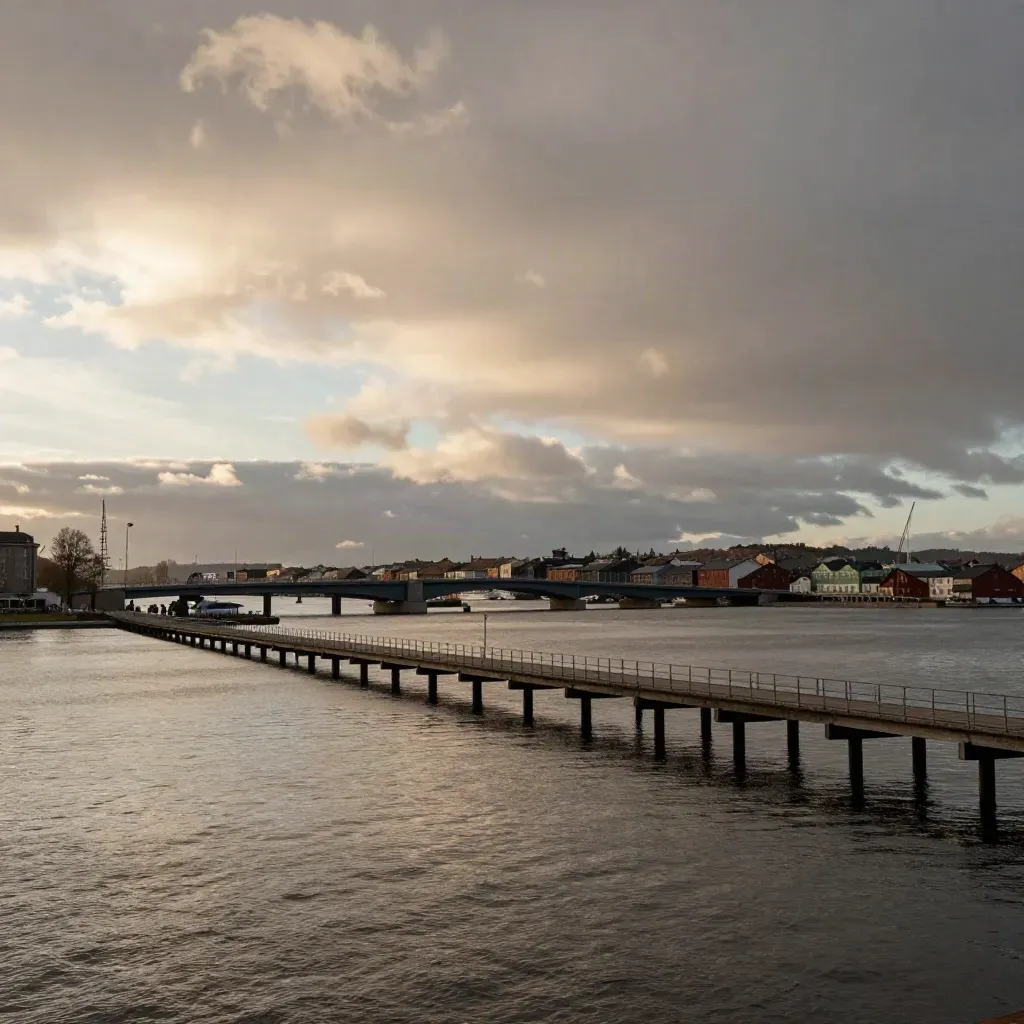 Göteborgs hamn i gryning med Älvsborgsbron och kranar i dimma