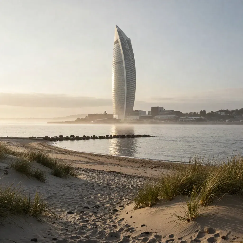 Turning Torso högt över Öresundsstranden i varm havsdimma och morgonljus